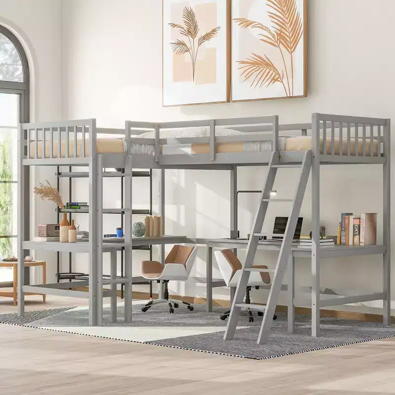 119''L 79.5''W Wood Twin Size L-Shaped Loft Bed with Ladder and 2 Built-in L-Shaped Desks