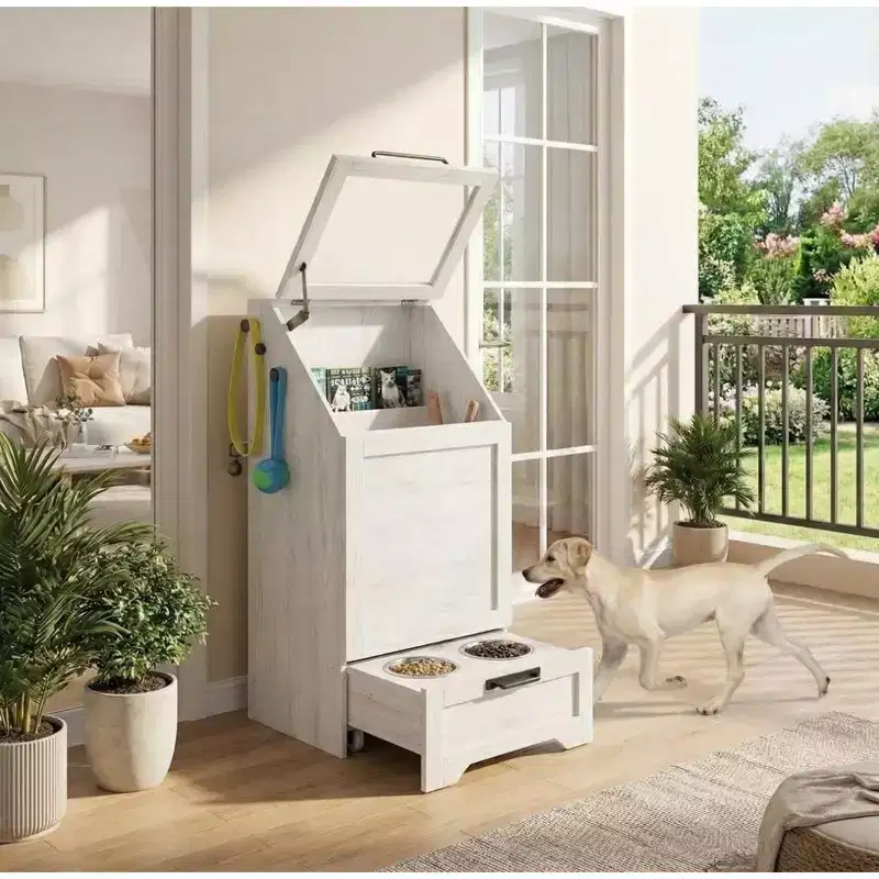 Elevated Dog Feeding Station with Storage Cabinet - Includes 2 Raised Bowls,3 Hooks, and Hidden Food Container Organizer for Pet Food and Accessories