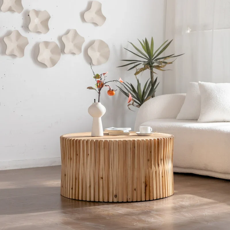 Round Wooden Coffee Table with Retro Relief Design