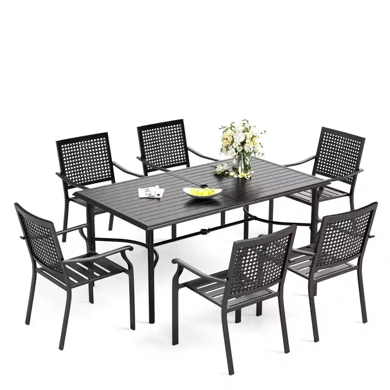 Captiva Designs 7pc Patio Dining Set with Slat-top Rectangle Table & Metal Stackable Chairs