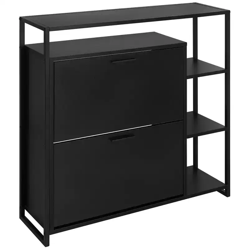 2 - Door Shoe Cabinet with 4 Shelves, Modern Storage Organizer, Black Metal Frame, 2 Flip Drawers