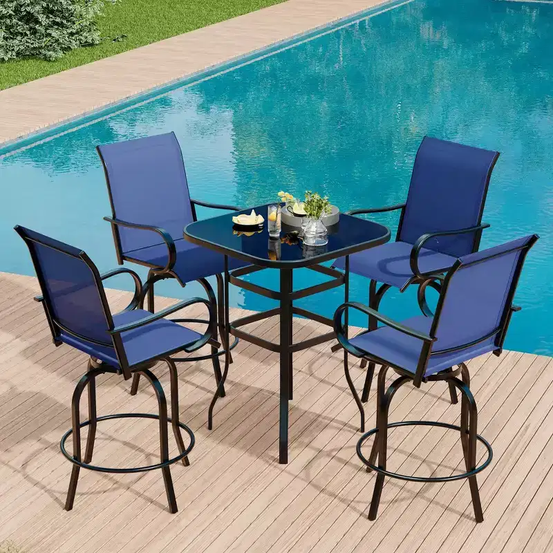 5 Piece Patio Bar Furniture Set Swivel Stools Glass Top Table Blue Textilene, All Weather Textilene High Swivel Bar Stools Chair Set