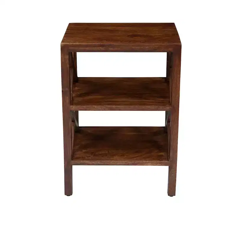 Jofran, Global Archive Solid Wood Rustic Modern X-Side Accent Table with Two Shelves, Red