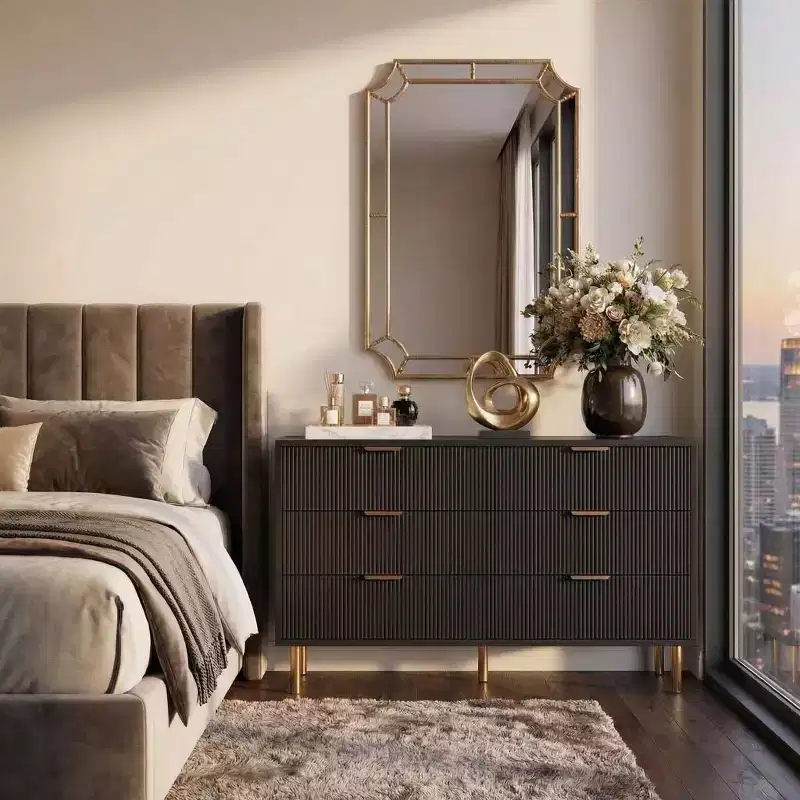 Black Wave Fluted 6 Drawer Dresser, Modern Wood Double Dresser with Metal Legs & Handles, Anti-Tipping Chest for Bedroom & Living Room