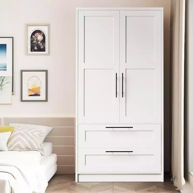 White Wooden Armoire Wardrobe with 2 Doors, 2 Drawers and Hanging Rod