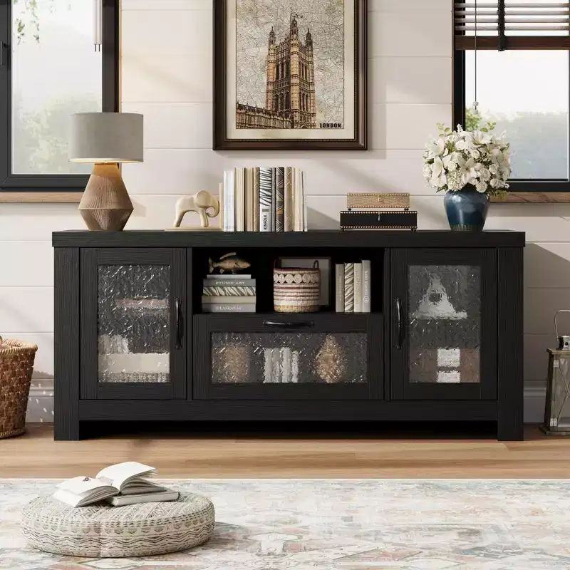 55 Farmhouse TV Stand with Acrylic Doors - 300lb Weight Capacity & Adjustable Shelves Entertainment Center for Living Room or Bedroom