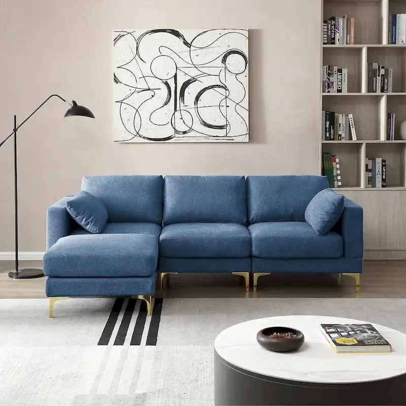 Christopher Knight Home - Beige L-Shape Sectional Sofa with Gold Metal Legs and Ottoman