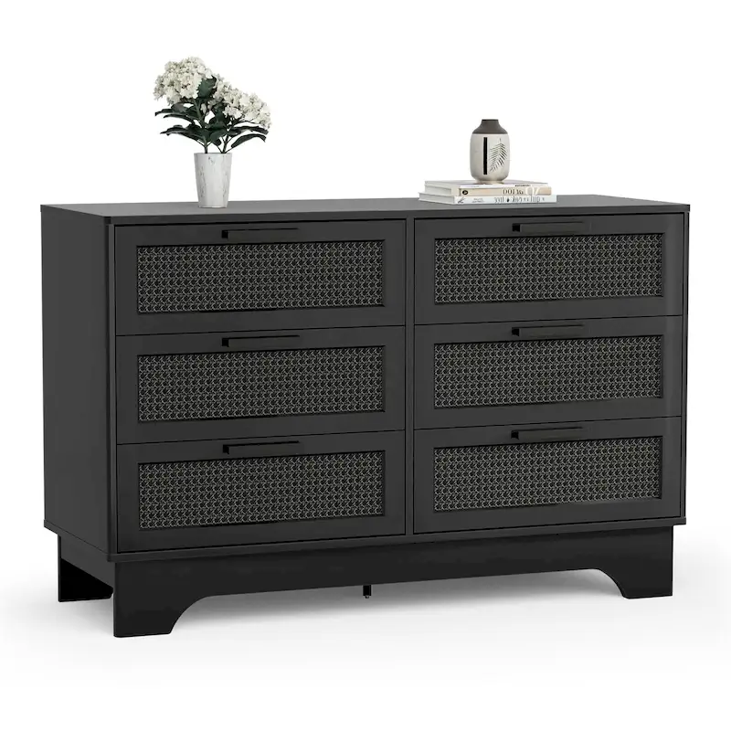 Modern Black 6-Drawer Double Dresser, Wood Rattan Chest of Drawers