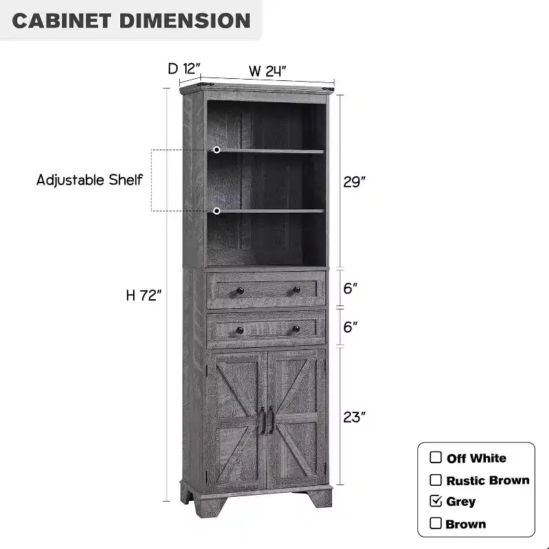 Bathroom Cabinet, 72 Tall Storage Cabinet with 2 Drawers, Adjustable Shelves & Barn Door, Cabinets for Bathroom