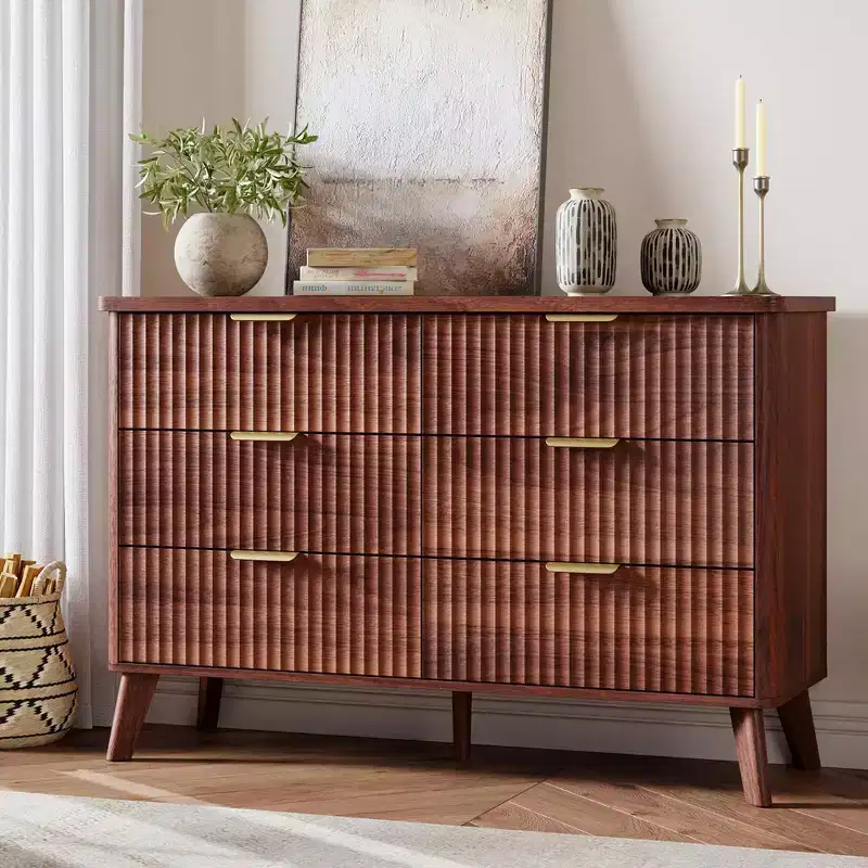 Modern Fluted Dresser with 6 Deep Drawers, 47.2 Wide Wooden Chest, Curved Design, Multi-Functional TV Stand or Bedroom Storage for Living Room Use