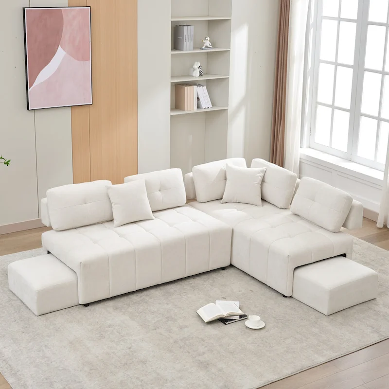 91.73 L-Shaped 4-Seat Sectional Sofa with 2 Hidden Stools, 2 Removable Lumbar Cushions, and Durable Chenille Fabric