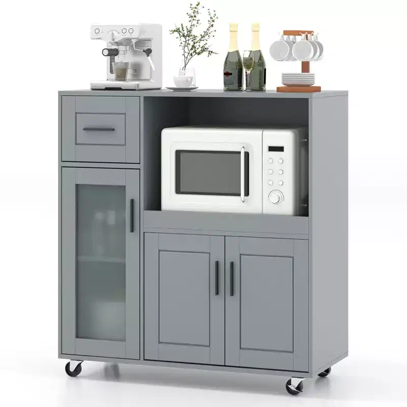 Costway Rolling Kitchen Island with Wheels Kitchen Cartwith Drawer and Glass Door Cabinet