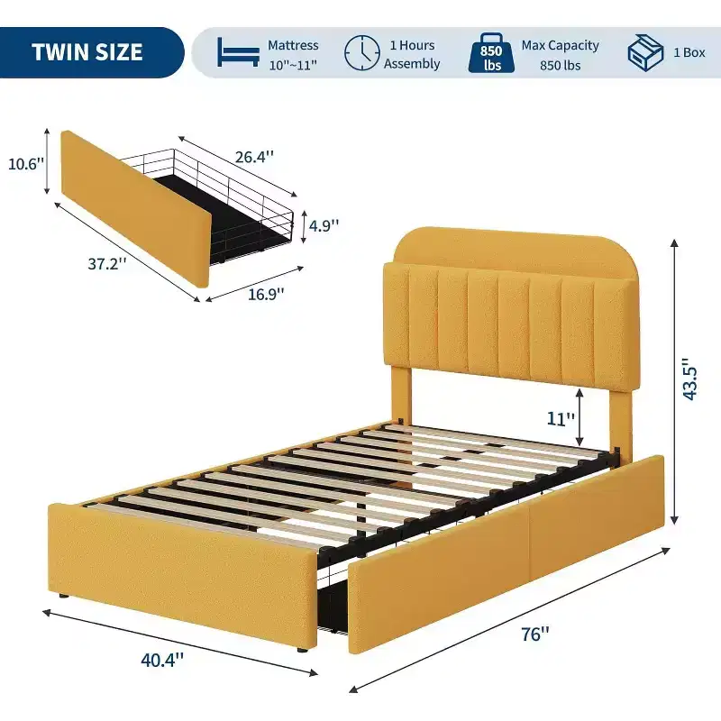 Platform Bed Frame, Kids Bed Frame with Storage Headboard, 2 Rolling Drawers, Noise Free, No Box Spring Needed, Yellow