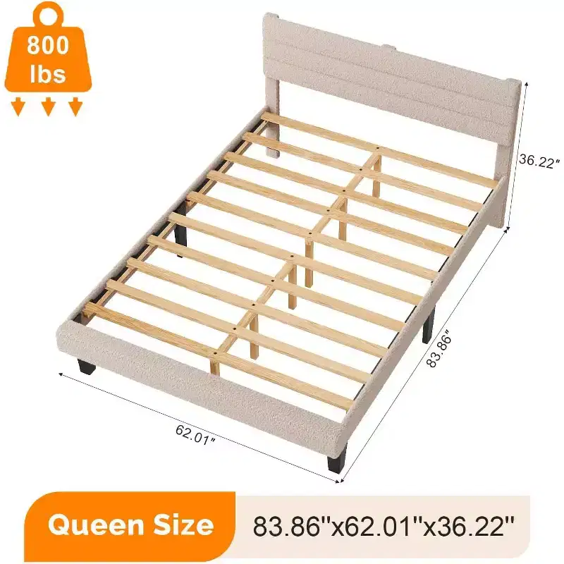 Beige Boucle Upholstered Platform Bed with Adjustable Headboard & Wood Slats – Noise Free