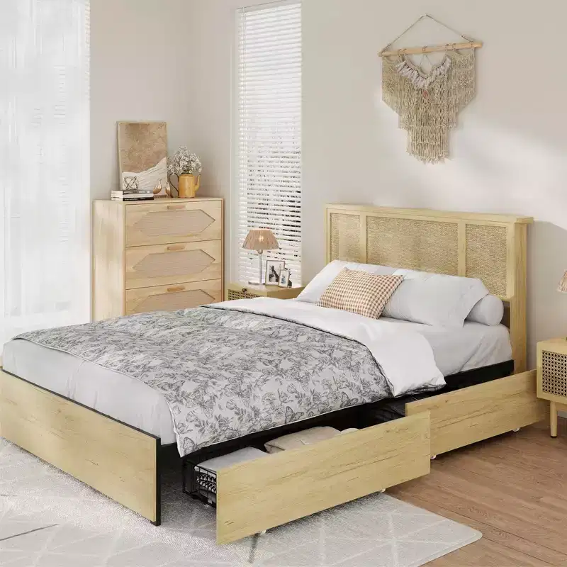 Bed Frame with Natural Rattan Headboard, Queen Size, 4 Storage Drawers, Wooden Slats, Boho-Style Cane Support, Metal Base