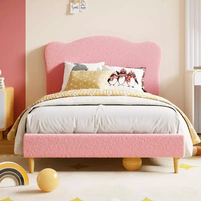 Twin Size Bed Frame for Kids with Cute Headboard,Upholstered Twin Platform Bed for Girls, Boys, No Box Spring Needed Velvet Bedframe with Wooden Slats