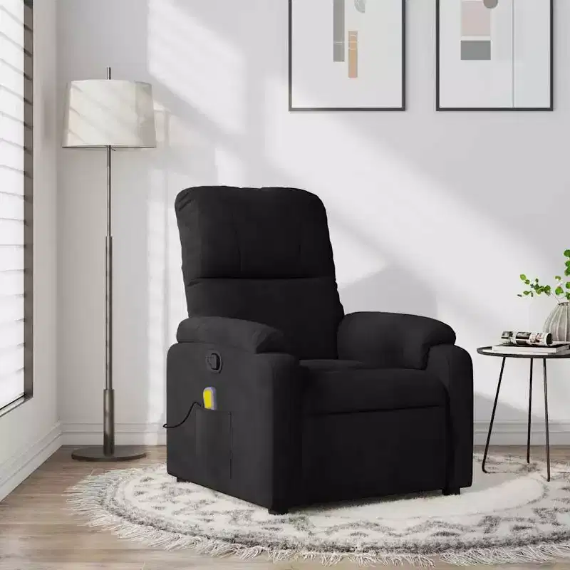 XL Black Microfiber Fabric Massage Recliner Chair - 6-Vibration Push Manual Recliner with Side Pocket for Living Room