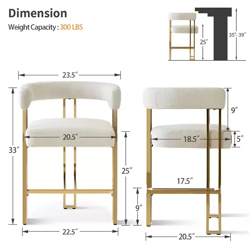 Set of 3 Counter Height Bar Stools with Backs and Arms, Modern Chenille Upholstered Kitchen Island Chairs with Gold Metal Legs - Panipeachy