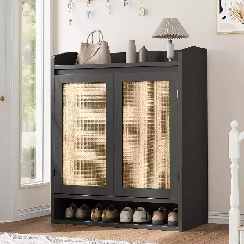 DobleePy 31.5 Natural Rattan Shoe Cabinet with 2 Doors, 5-Tier Wooden Organizer with Adjustable Shelves for Entryway & Living Room