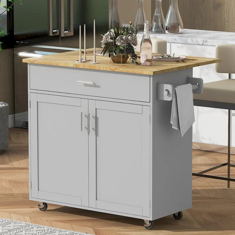 Kitchen Island with Storage and Rubber Wood Top
