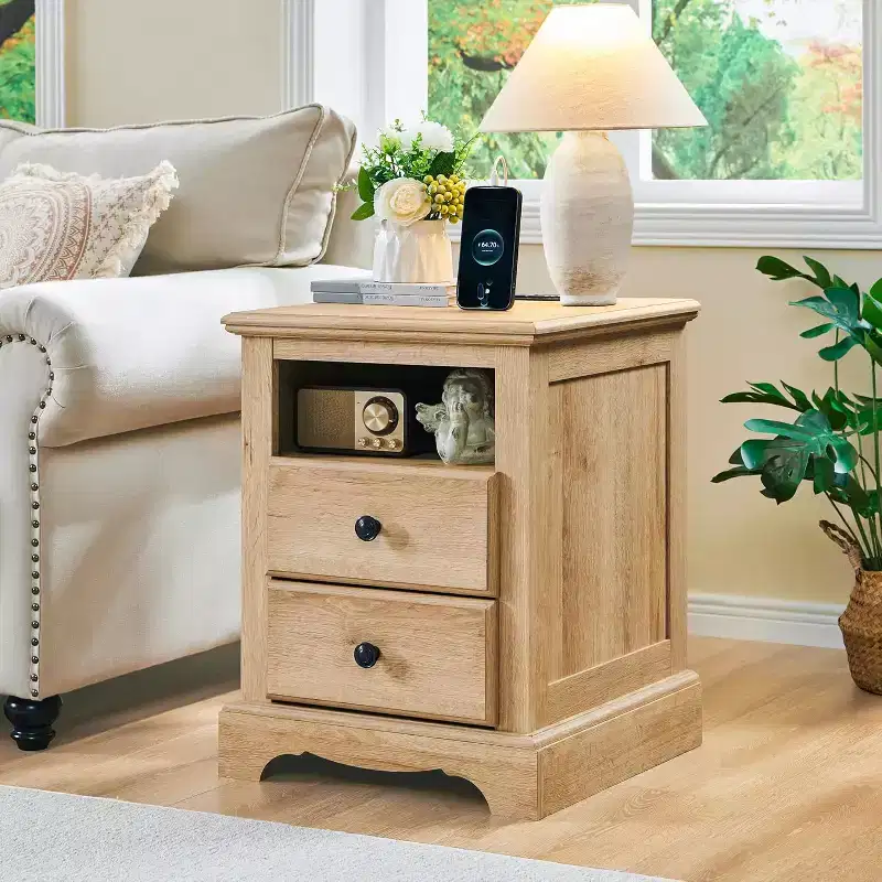 18 Vintage Nightstand with Charging Station, End Table Side Table with 2 Drawers for Bedroom, Living Room