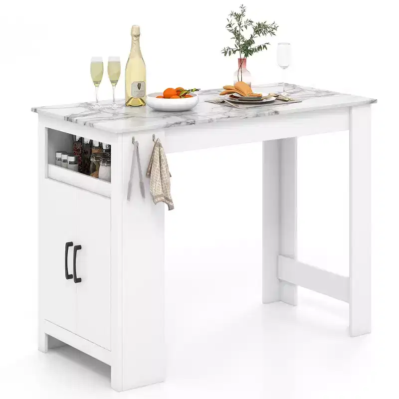 Costway 47 Long Counter Height Table Bar Table Faux Marble Pub Table w/ Cabinet