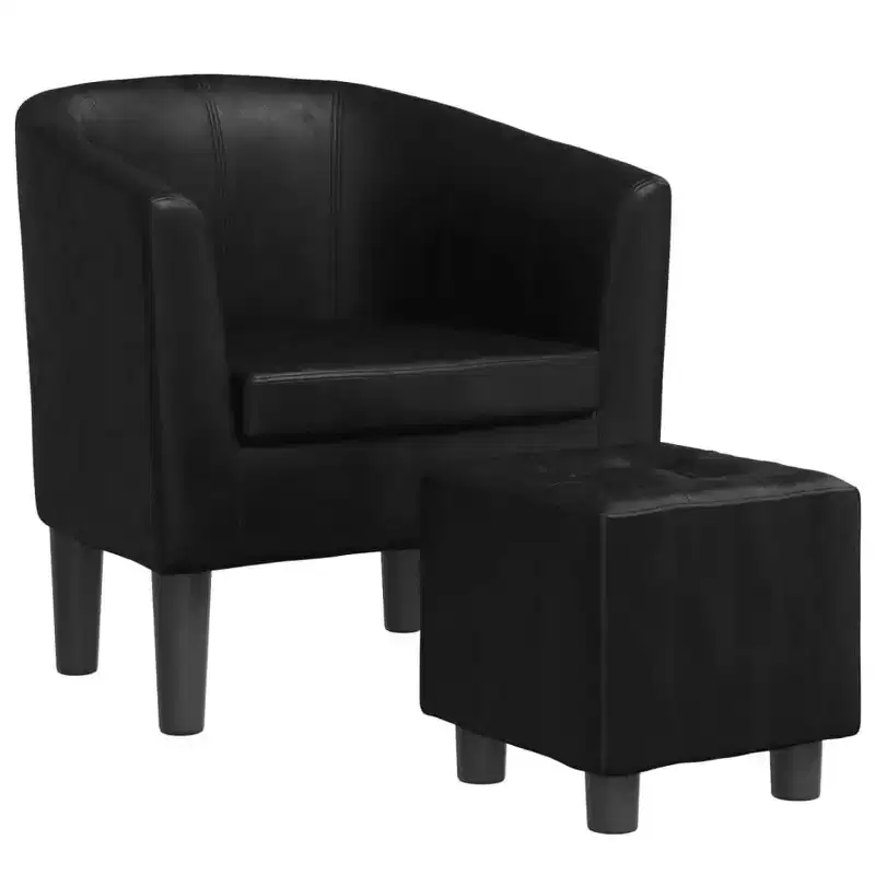 Modern Tub Chair with Footstool - Faux Leather Seating for Living Room, Bedroom, Guest Room, or Office - Black