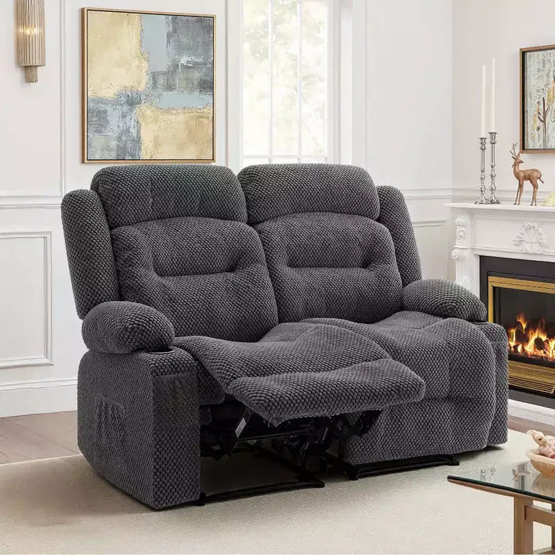 Loveseat Recliner Sofa, Manual Reclining Couch with Heating and Massage, Soft Corduroy Recliner Sofa with USB Ports, Cup Holders ,Grey