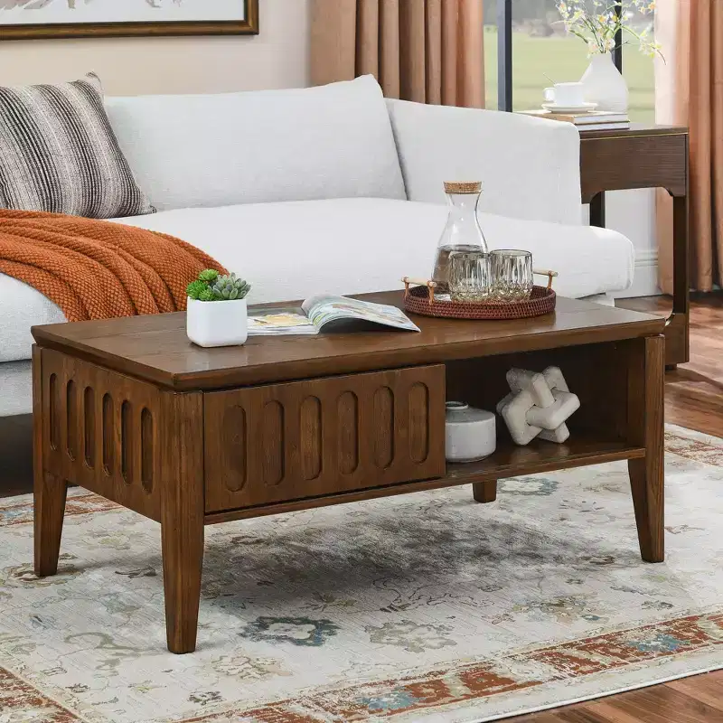 GDFStudio Maloch Mid-Century Modern Wooden Fluted Storage Coffee Table with Sliding Door
