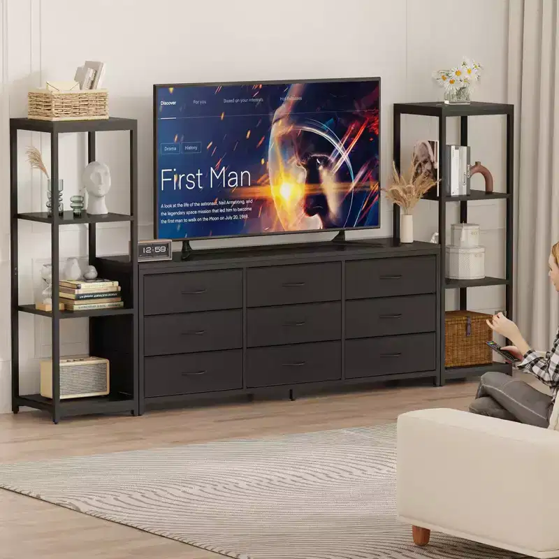Industrial TV Stand for TVs Up to 75, Living Room Entertainment Center with 9 Fabric Dressers & 2 4-Tier Storage Shelves, Media Console for Bedroom