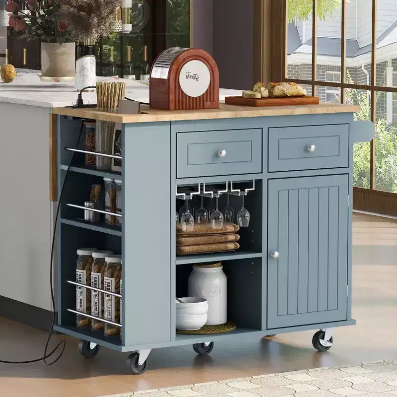 PexFix Kitchen Island with Power Outlet Kitchen Storage Island with Drop Leaf & Wine Rack & Adjustable Storage for Home Kitchen Dining Room Blue