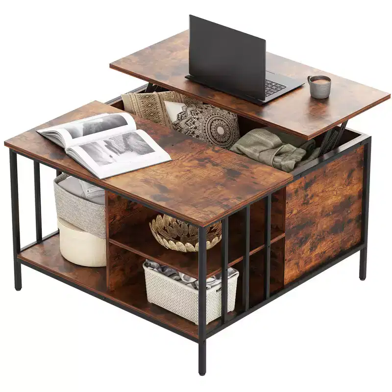 31.5 Farmhouse Lift-Top Coffee Table with Adjustable Height, Hidden Compartment & 3 Shelves for Living Room