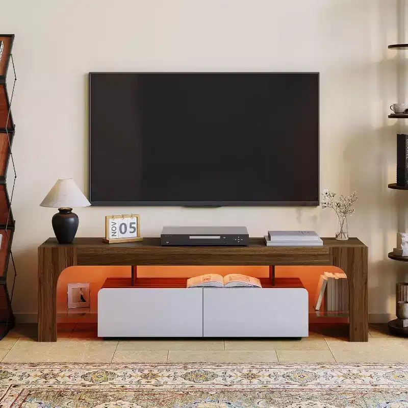 TV Stand with LED Lights for 50-75 Inch TVs, Modern Media Console with Large Storage Drawer, Entertainment Center for Living Room Bedroom - Walnut