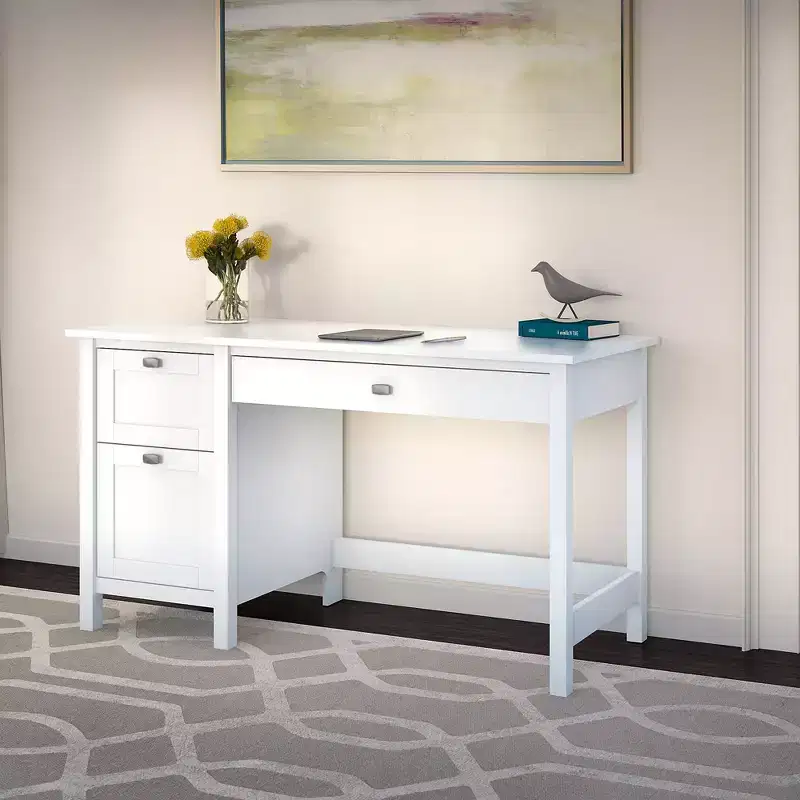 Computer Desk with Drawers – Pure White, Mid-Century Modern, MDF, 54