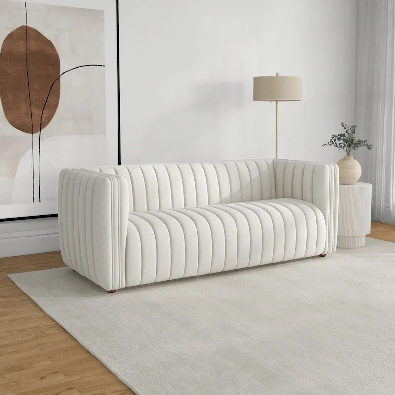 Rasam Mid Century Modern Luxury Tight Tufted Back French Boucle Couch in Cream