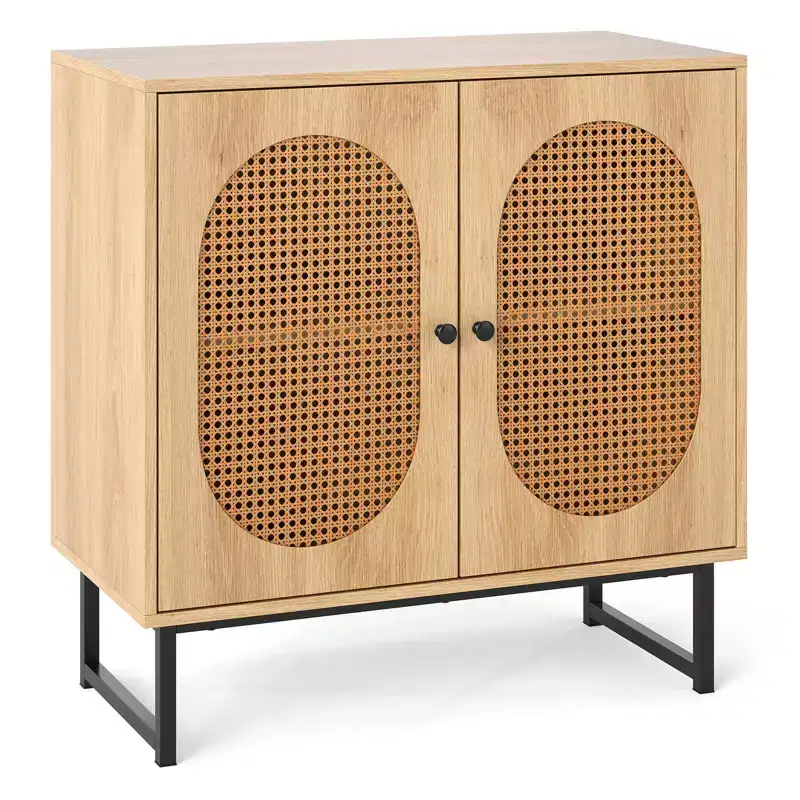 Rattan Buffet Cabinet with 2 Doors, Adjustable Shelf, Metal Legs, Natural/White