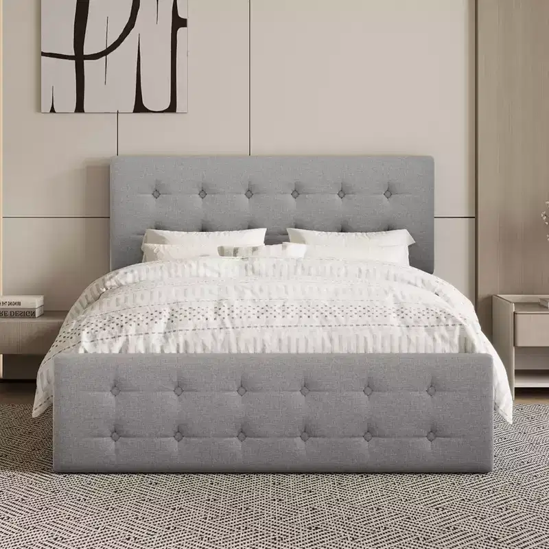 Bed Frame with 4 Storage Drawers and Adjustable Headboard, Faux Leather Upholstered Platform, Button Tufted, Strong Wooden Slats, No Box Spring Needed