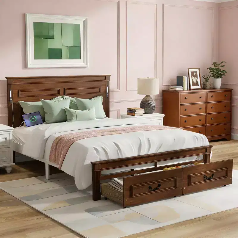 Luxystar Modern Wooden Bed with Tall-Panel Headboard, Footboard, 2 Storage Drawers and Lights