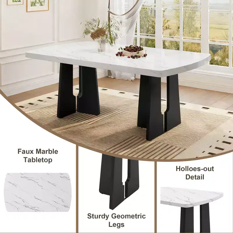 GDFStudio Hawkins 63 Modern Faux Marble Dining Table with Sturdy Geometric Legs