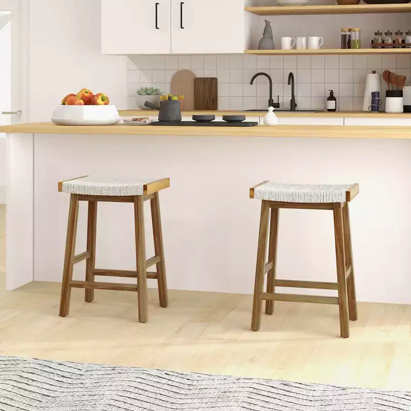 Costway 25.5'' Dining Saddle Stool Set of 2 Counter Height Seaweed Woven Seat Solid Wood