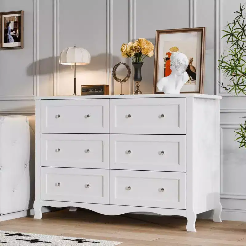 White 6-Drawer Dresser – French Curved Legs, P2 MDF, 47.2