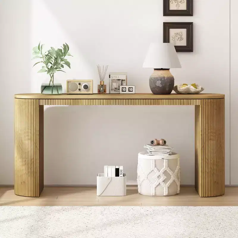 Modern Entryway Console Table with Curved Legs & Vertical Stripe Tabletop - Brown, 59