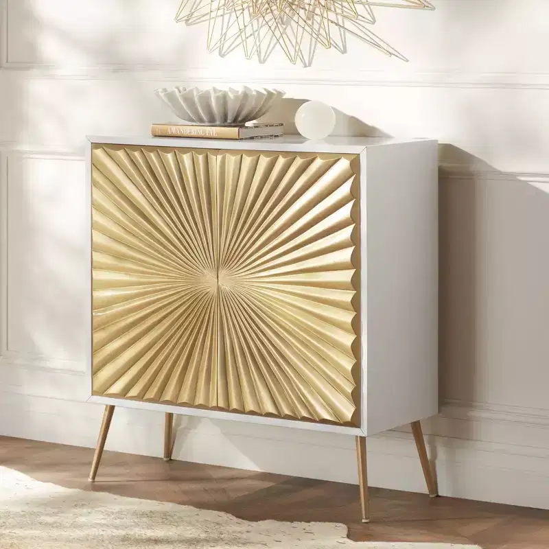 32-Inch Wide White and Gold 2-Door Cabinet with Star Pattern