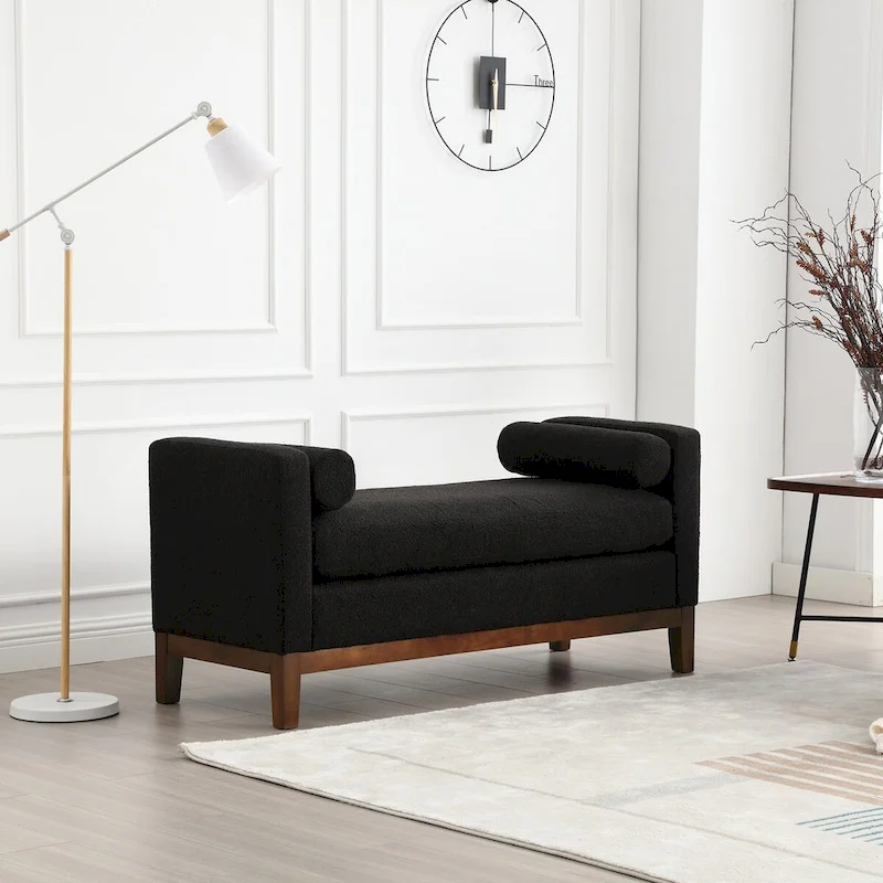 53.5W Elegant Boucle Upholstered Bench, Ottoman with Wood Legs & Bolster Pillows