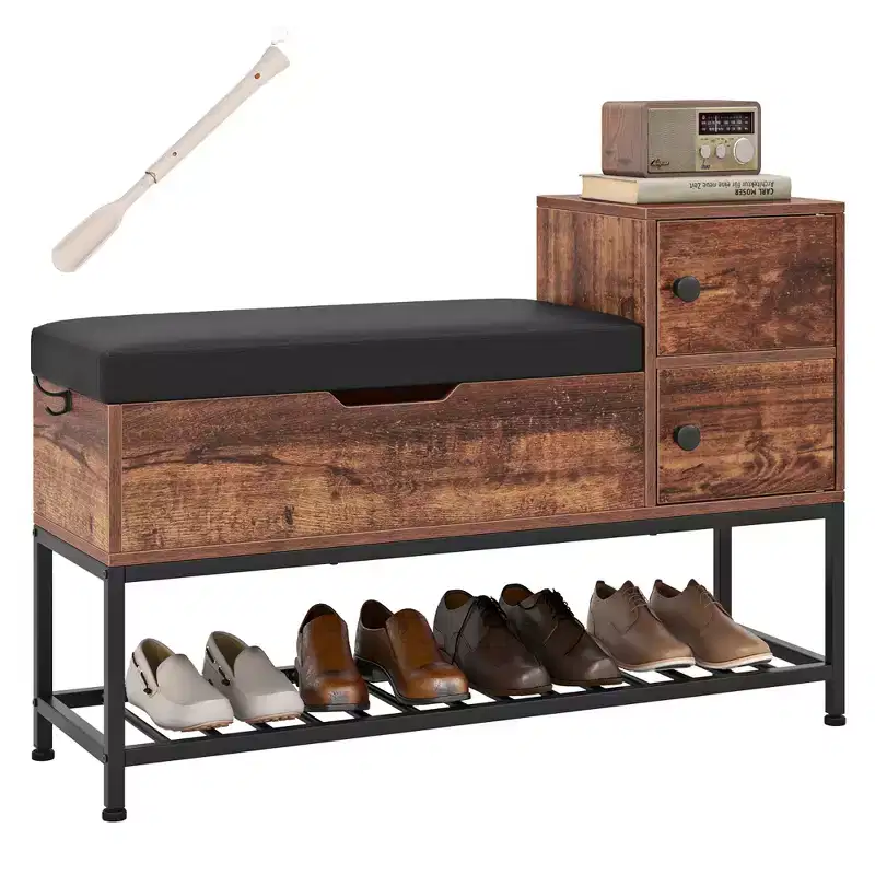 Entryway Shoe Bench with Flip Top Storage, 2 Door Cabinets, Metal Shoe Rack & PVC Seat Cushion