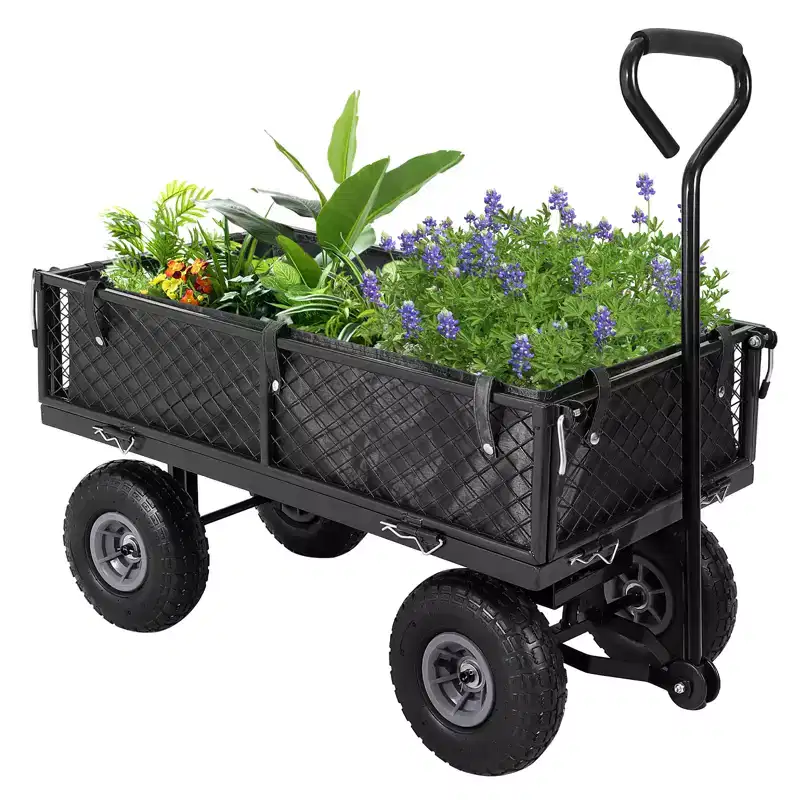 Heavy Duty Steel Garden Cart Wagon, 500 Lbs, Folding Utility Wagon with Removable Mesh Sides & Liner, 10 Pneumatic Tires, Pull Handle