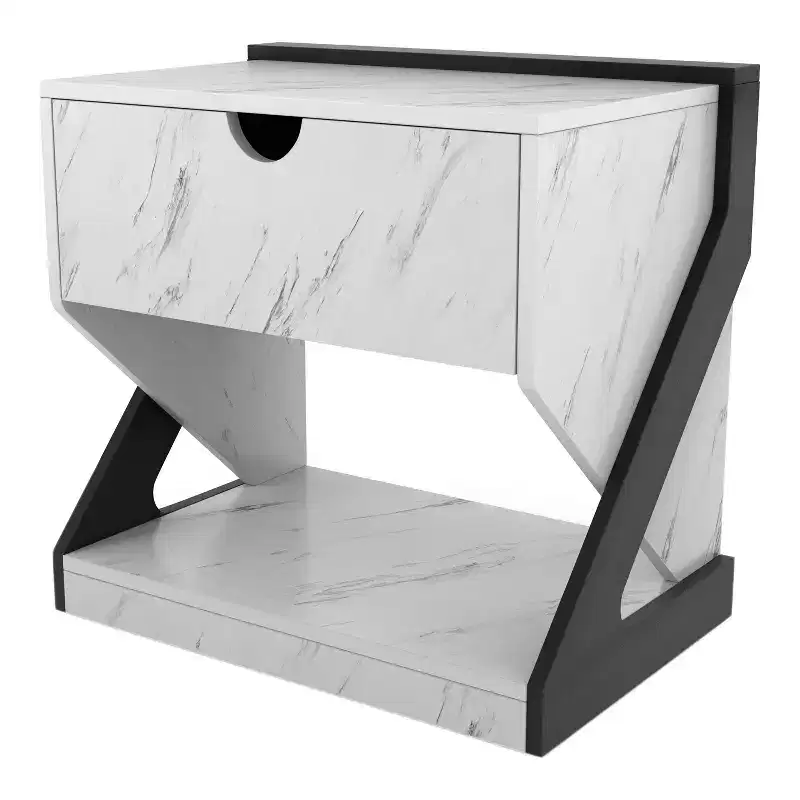 Galahad Modern Faux Marble Nightstand with Drawer White - miBasics: MDF Frame, Open Shelf, Smooth Finish, 50 lb Capacity