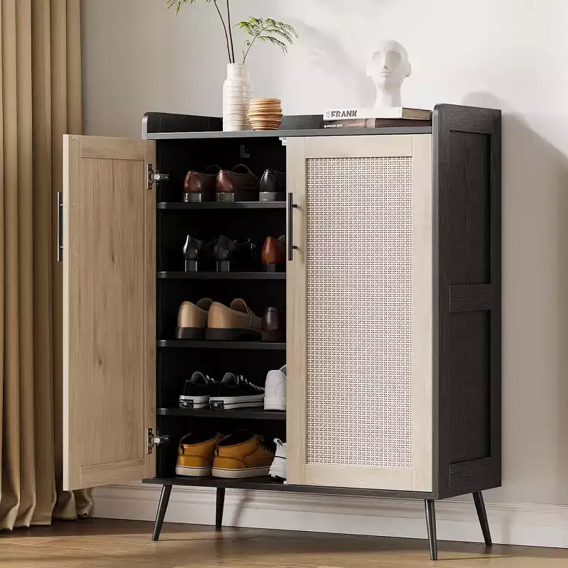 Rattan Shoe Cabinet, 5-Tier Shoe Storage Cabinet with Heavy Duty Metal Legs, Farmhouse Shoes Organizer for Entryway Hallway Living Room,black