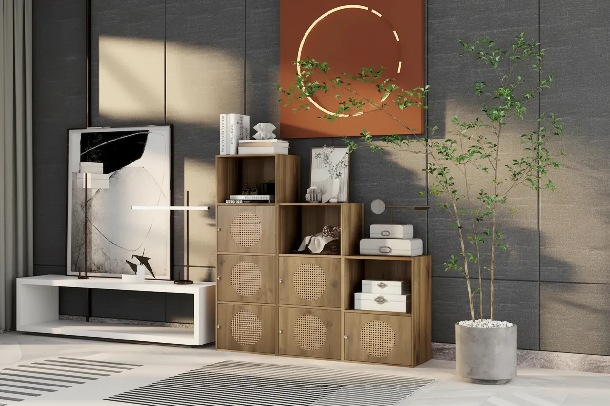Natural Boho 2-Section Storage Cabinet with Rattan Door, 1-Person