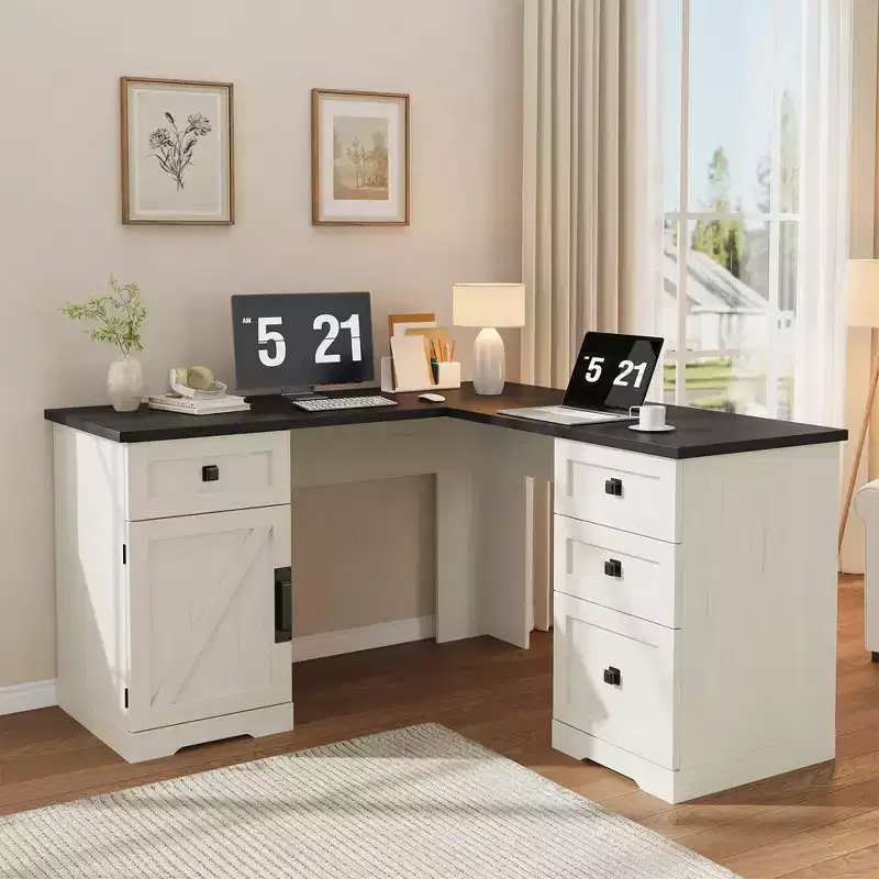 L-Shaped Executive Desk 60 Inch, Farmhouse Office Corner Desk with File Drawers & Adjustable Storage Cabinet, for Home Office or Study